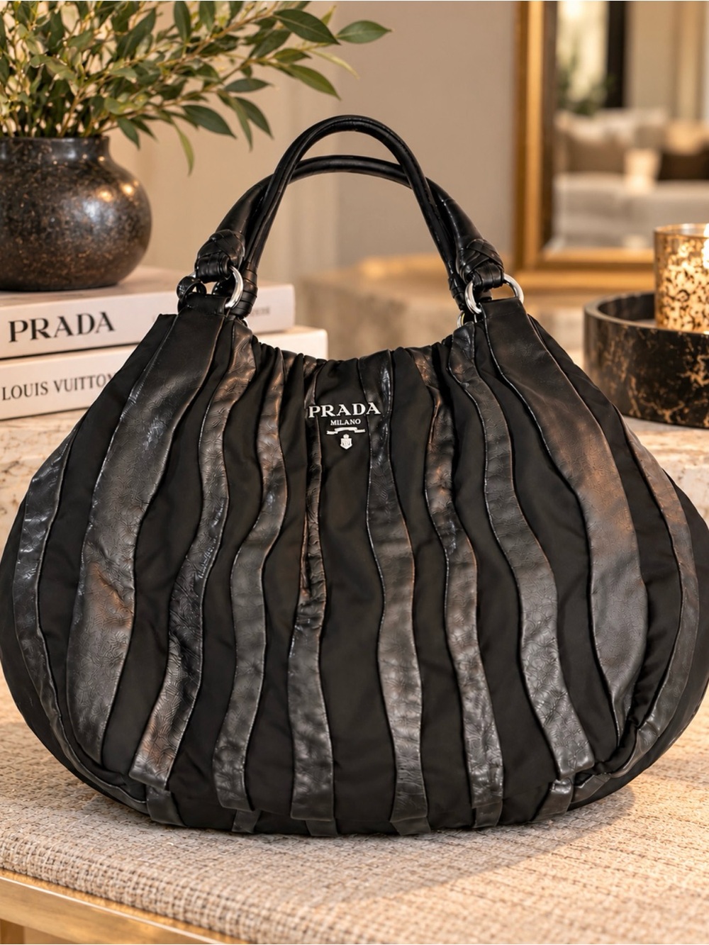 Prada Black leather&nylon Wave-Striped Hobo statement bag authentic with COA